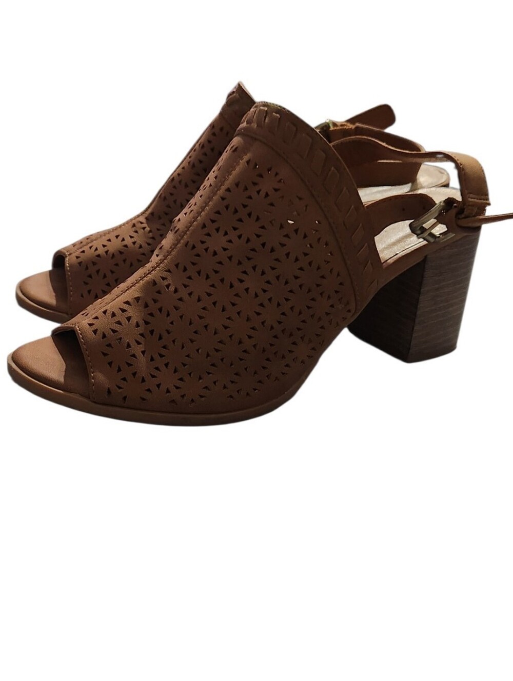 CL by Chinese Laundry "Jewelled" Cognac Perforated Slingback Block Heel Sandals